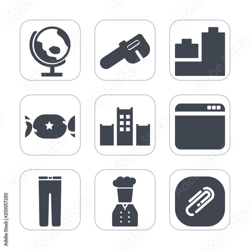 Premium fill icons set on white background . Such as globe, candy, car, planet, repair, chief, world, geography, play, hammer, work, vacation, sphere, trousers, browser, paper, duck, global, web, ball