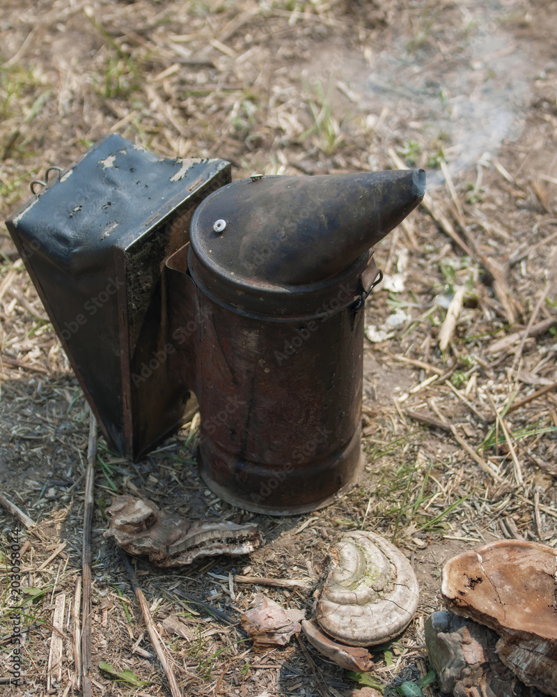 old metal beekeeper's smoke with a smoking fungus inside old metal beekeeper's smoke with a smoking fungus inside