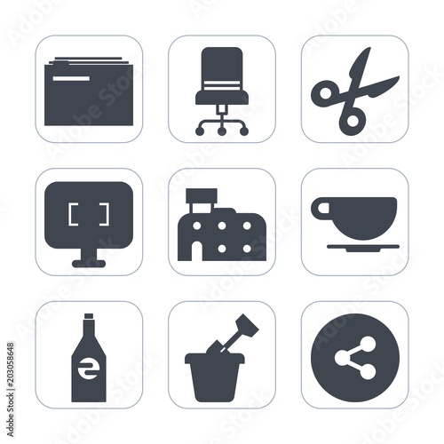 Premium fill icons set on white background . Such as technology, style, armchair, sandbox, paper, child, office, comfortable, architecture, chair, drink, cafe, business, beverage, bottle, data, house