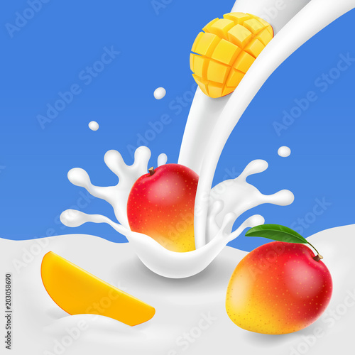 Milk splash with slices of mango. Yogurt packaging design