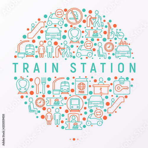 Train station concept in circle with thin line icons: information, ticket office, toilet, taxi, metro, waiting room, luggage storage, turnstile, no smoking, bicycles rent. Vector illustration.