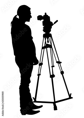 People and television camera operator on white background