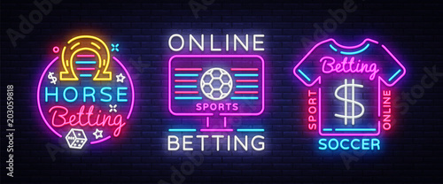 Online betting collection neon signs. Sports betting. Horse racing, Soccer, Online betting logo neon, light banner, bright night advertising, gambling, casino. Vector illustration