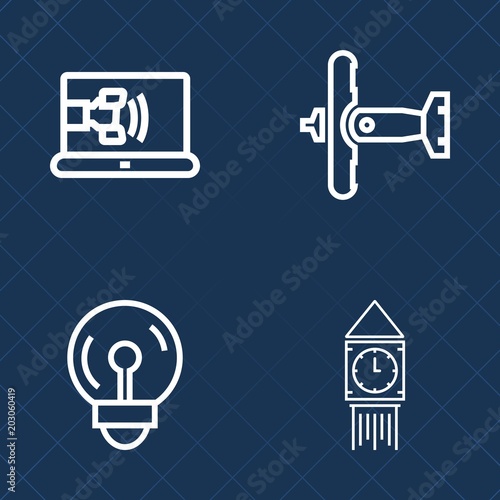 Premium set of outline vector icons. Such as energy, war, fly, phone, internet, bulb, light, big, connection, old, online, help, clock, aviation, airplane, business, support, transport, lamp, service