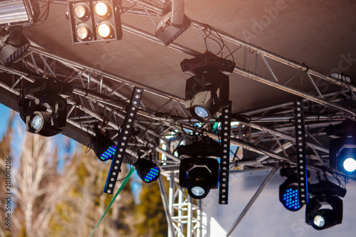 Close-up of lighting equipment for stage concert, searchlight, lamp.