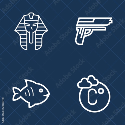Premium set of outline vector icons. Such as danger, ancient, egyptology, meteorology, weather, religion, pistol, fishing, animal, measurement, history, scale, degree, mythology, seafood, nature, war
