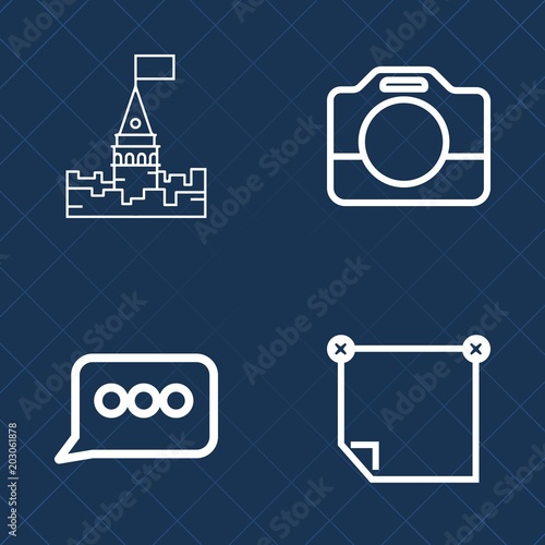 Premium set of outline vector icons. Such as speech, communication, mountain, post, royal, record, technology, equipment, fairytale, message, movie, king, castle, handle, sign, building, palace, paper
