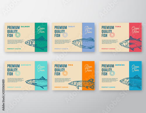 Premium Quality Fish Labels Set. Abstract Vector Packaging Design or Label. Modern Typography and Hand Drawn Fish Silhouettes Background Layouts with Soft Shadows.