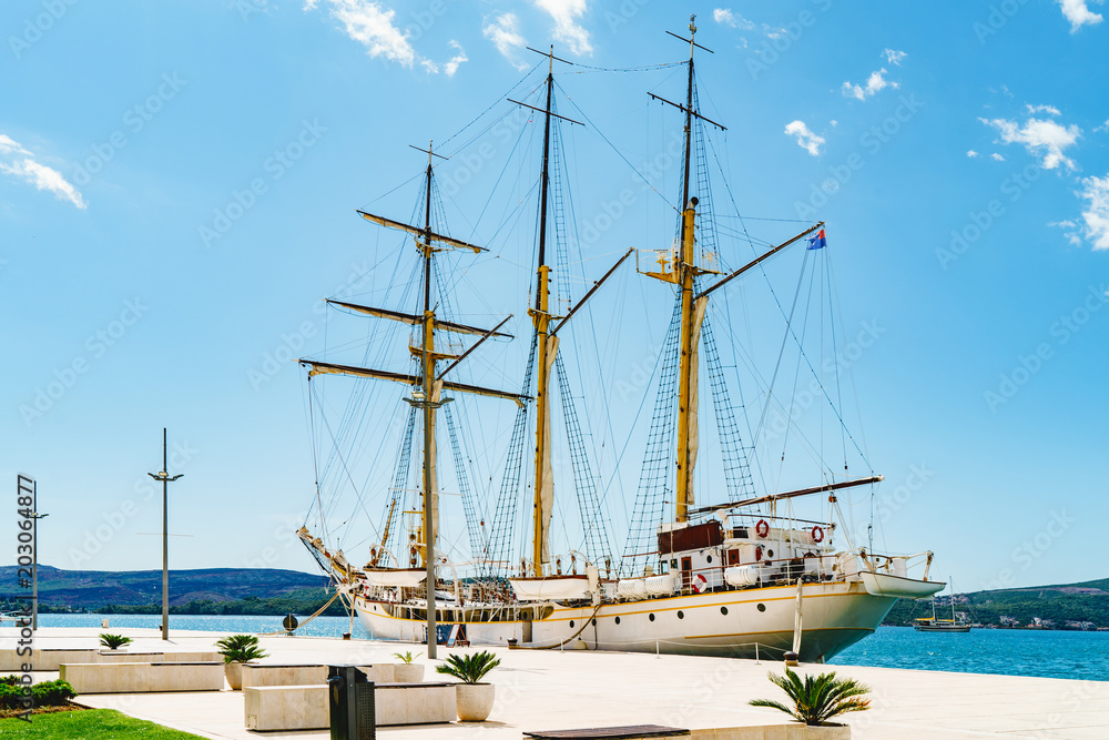 Old sailing ship in quay. Tivat, Montenegro