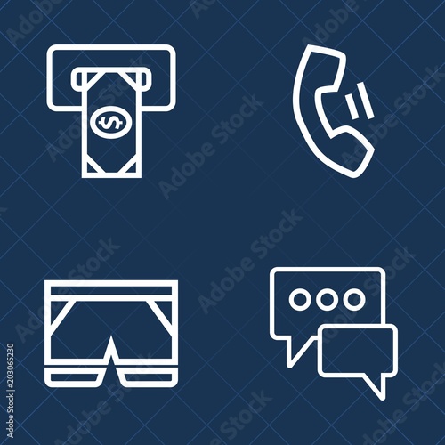 Premium set of outline vector icons. Such as phone, uniform, finance, chatting, shorts, template, dialog, short, talk, sms, device, banking, smart, communication, card, fashion, financial, atm, chat