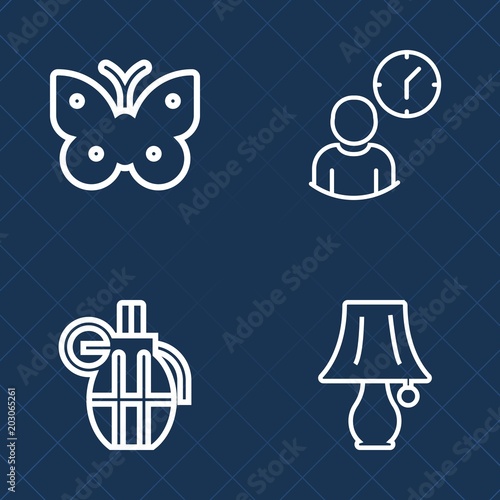 Premium set of outline vector icons. Such as grenade, nature, natural, yellow, collection, deadline, hand, colorful, war, bulb, lamp, dangerous, clock, combat, insect, hour, work, fly, watch, concept