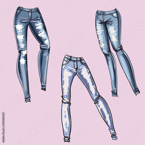 Denim pants. Jeans set in casual style. Vector fashion illustration.