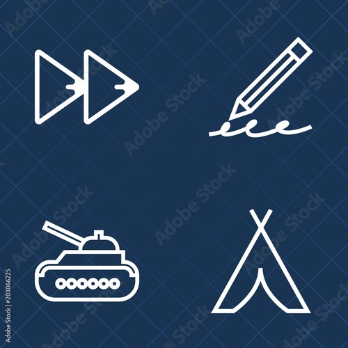 Premium set of outline vector icons. Such as paper, outdoor, battle, adventure, music, armor, drawing, camp, write, white, military, gun, business, audio, tourism, nature, multimedia, tank, holding