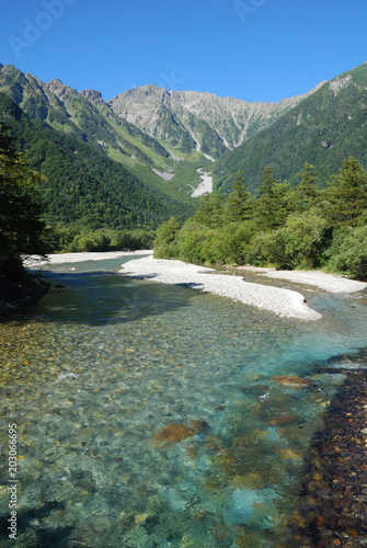 Azusagawa stream and Hotaka mountains in summer season / 夏の上高地 - 梓川越しにみる穂高の山並み(タテ) photo