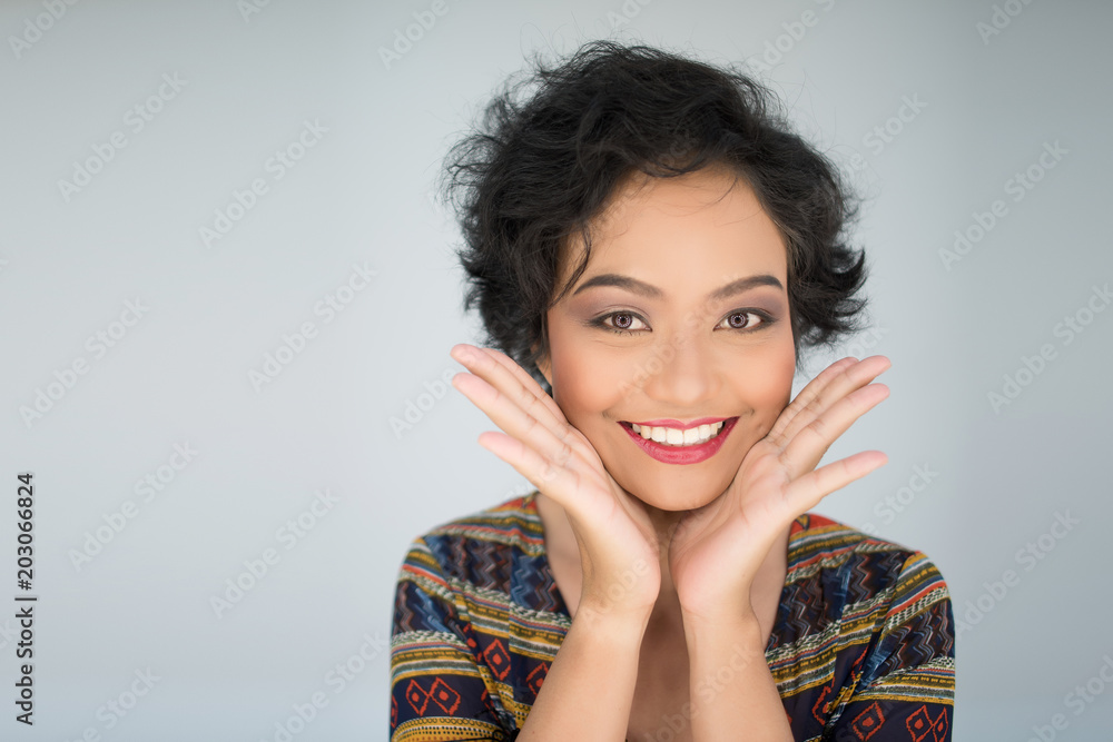Beautiful Young Woman with Clean Fresh Skin touch own face Beautiful Young Woman with Clean Fresh Skin touch own face
