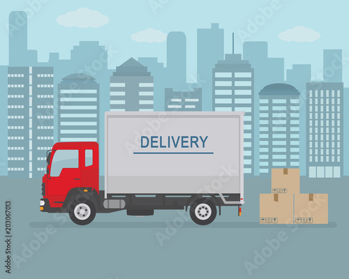 Delivery van and cardboard boxes on city background. Product goods shipping transport. Fast service truck. Vector illustration.
