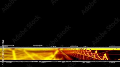 Sections of red spirographic lines and numbers move on a yellow and black band framed by code in the lower third of the frame photo