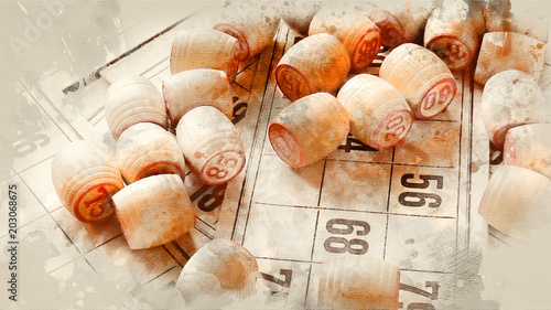 Lotto. Wooden barrels with the numbers close up. Watercolor background