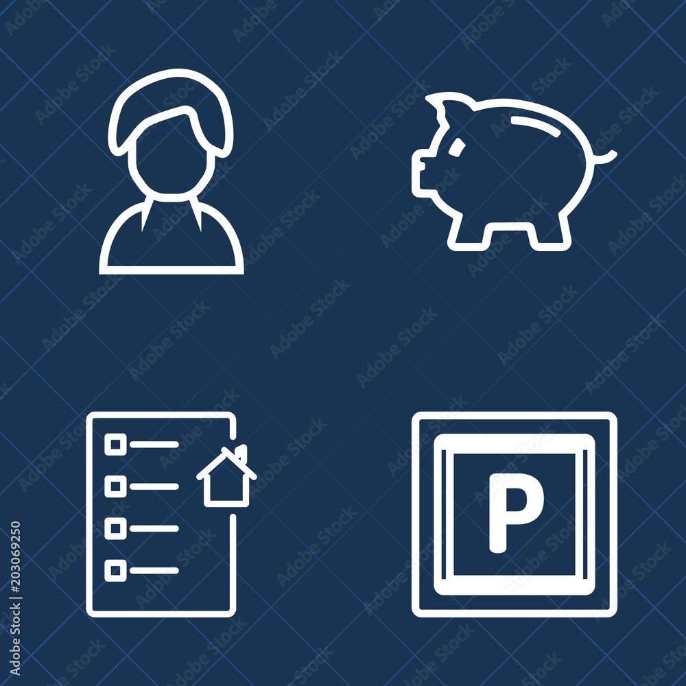 Premium set of outline vector icons. Such as bank, agreement, profile,  mortgage, silhouette, transport, home, urban, banking, finance, coin, cash,  female, document, girl, business, transportation, car Stock Vector