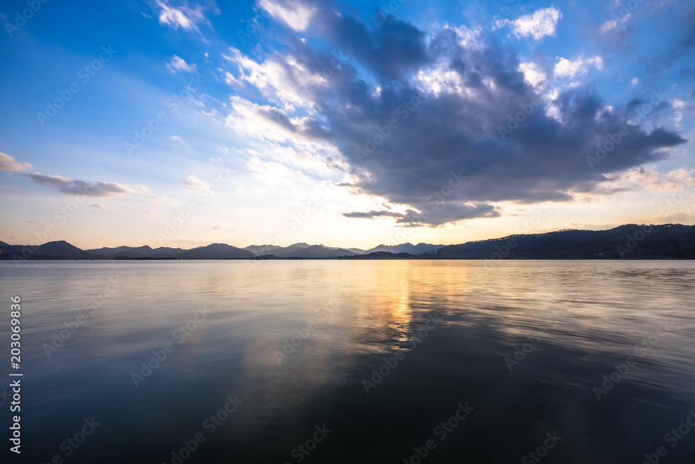 sunset of lake in hangzhou china