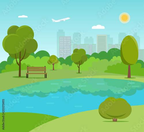 Landscape in city park . Park bench and trees near the lake. Vector flat style Illustration