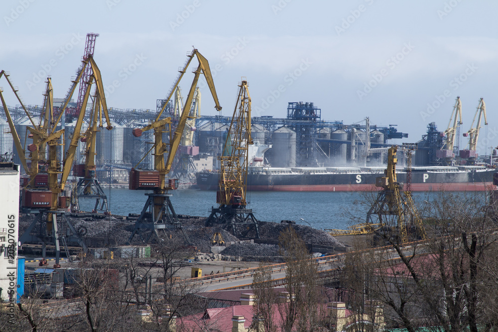 Panorama of the sea port cranes ships