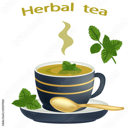 Herbal tea in a porcelain cup. Green Tea with mint or herbs. Cup of hot herbal tea with isolated on white background. Vector illustration.