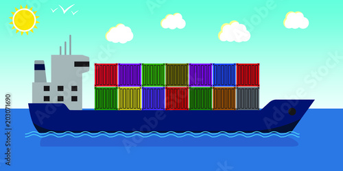 Container ship with cargo in a sea. Ship in ocean, sun, clouds and birds. Vector illustrated icon, flat style design.