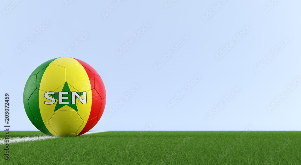Soccer ball in Senegals national colors on a soccer field. Copy space on the right side - 3D Rendering Soccer ball in Senegals national colors on a soccer field. Copy space on the right side - 3D Rendering