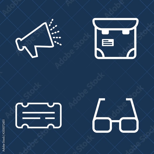 Premium set of outline vector icons. Such as smart, volume, trip, optical, loudspeaker, entertainment, pretty, mobile, passport, admit, speaker, film, eyeglasses, phone, show, power, coupon, ticket