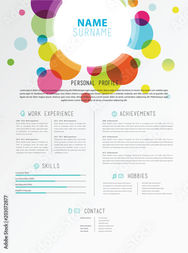 Creative simple cv template with colorful circles shapes.