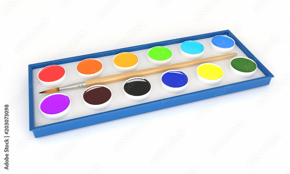 3D rendering school set of acrylic paints in a box with a brush on a white background isolated 3D rendering school set of acrylic paints in a box with a brush on a white background isolated