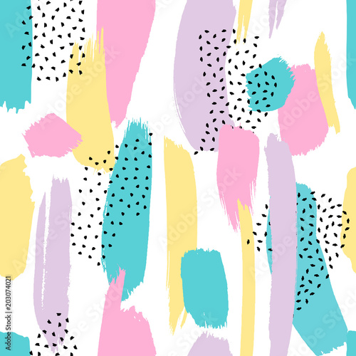 Vector seamless pattern with brush painted strokes and dots isolated on white background.