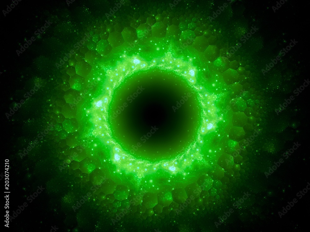 Fototapeta Zielone świecące magiczne gwiezdne wrota w kosmosie z sześciokątnymi wzorami