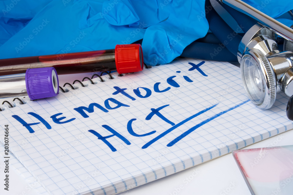 Hematocrit (HCT) count procedure blood test. Laboratory test tubes with
