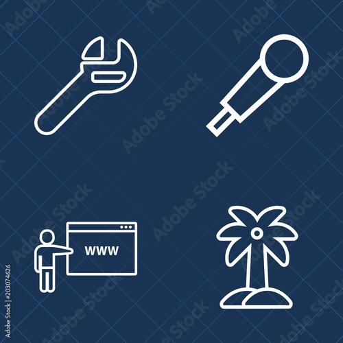 Premium set of outline vector icons. Such as internet, palm, summer, music, wrench, record, audio, service, equipment, coconut, tool, concert, mechanic, nature, studio, communication, go, industry © Amid