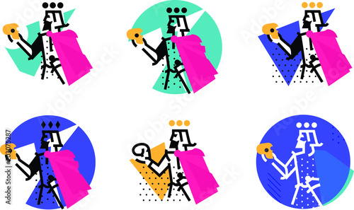 Logo for theatrical studio. Illustration of a Hamlet with a skull. The hero of the works of Shakespeare. Vector flat logo. The king's character on the stage. Color options. Abstract modern logo.