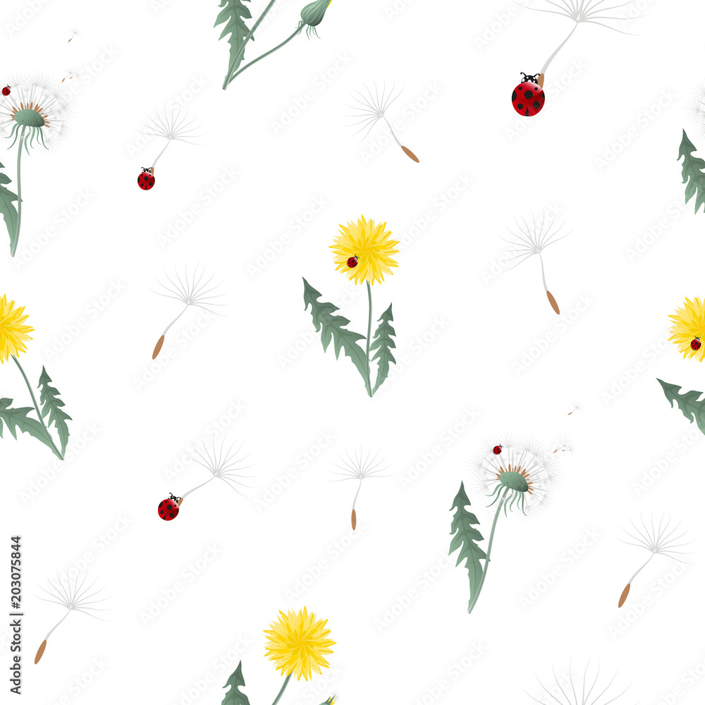 Naklejka premium Dandelion yellow flowers and head seeds flying with ladybugs seamless pattern. Surface floral design. Great for vintage fabric, wallpaper, giftwrap, scrapbooking. Wildflowers on white background
