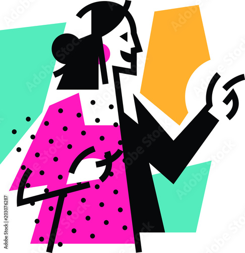 Illustration of a fashionable girl. Businesswoman. Icon abstract, housewife, woman. Logo of the song contest. Vector illustration. Illustration for a clothing store. A symbol for the studio. Mascot.