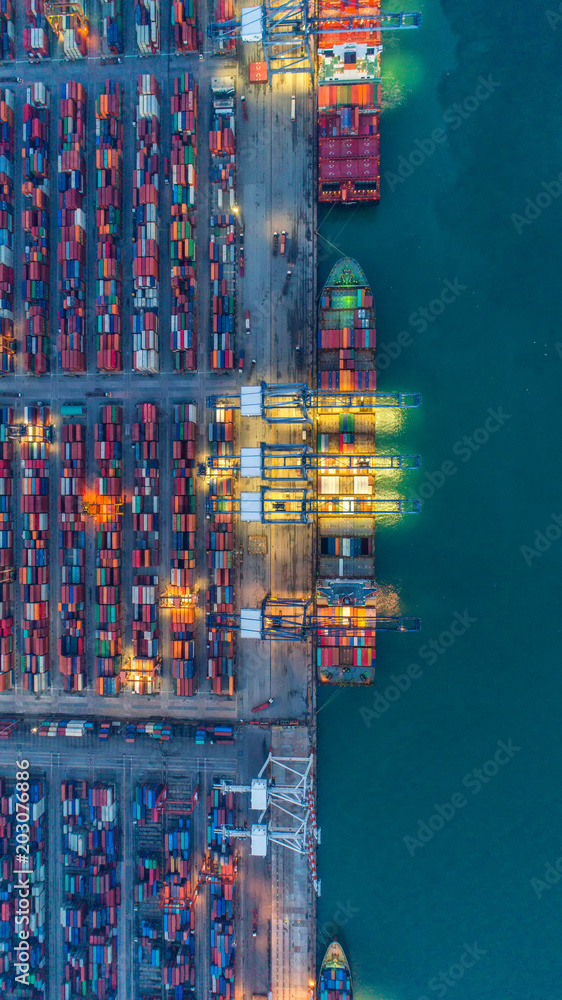 Container ship in export and import business and logistics. Shipping cargo to harbor by crane. Water transport International. Aerial view and top view. - obrazy, fototapety, plakaty 