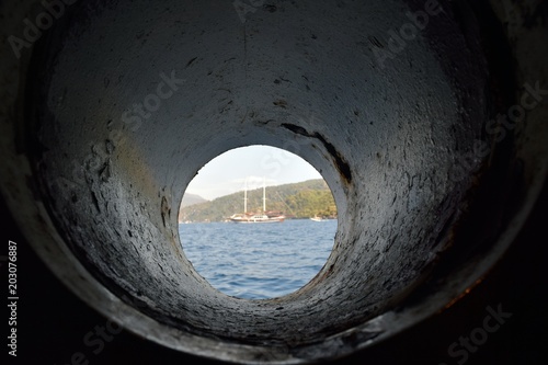 Seascape from the window of the ship. Marmaris. Turkey