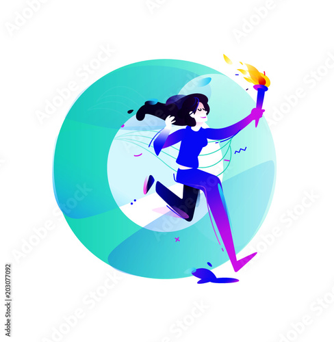 Illustration of a girl with a torch. Running girl. Vector flat illustration. Illustration for banner and print. Image is isolated on white background. Gradient. Business illustration. The startup. Let