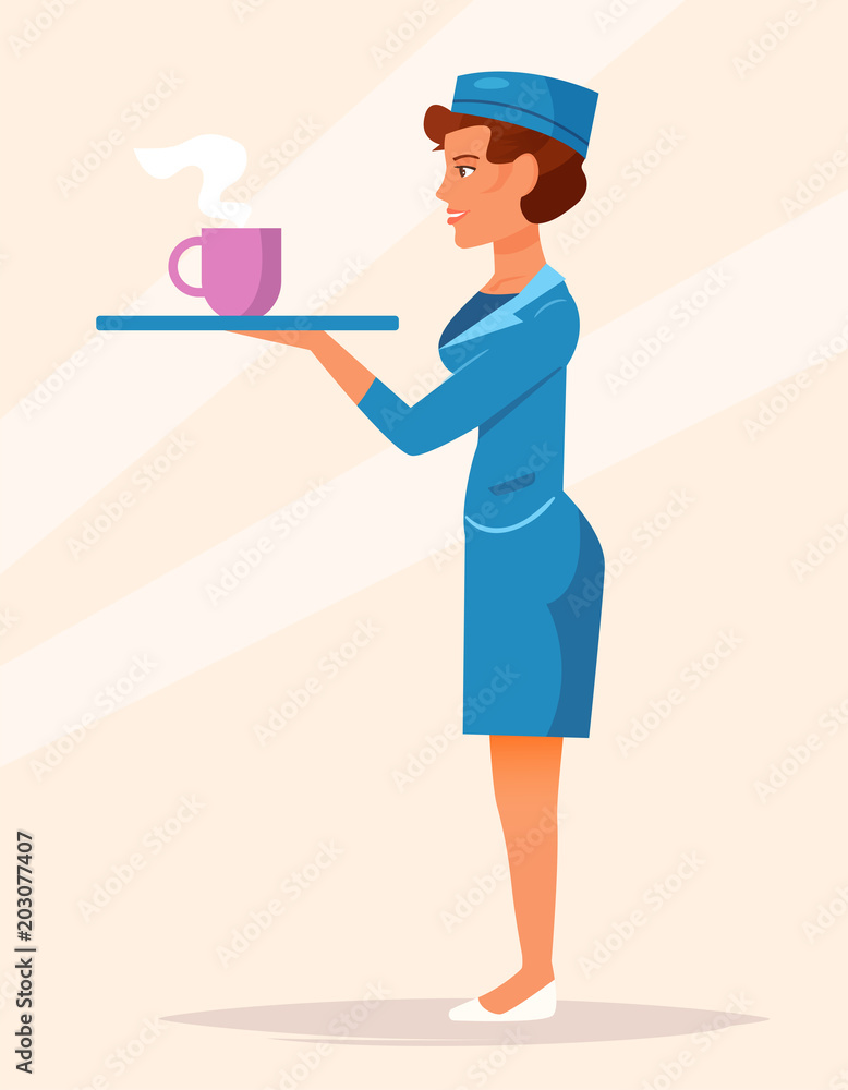 Stewardess with a tray. Food Vector.