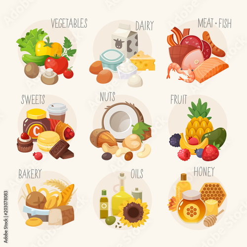 Set of labels with categories of different products grouped under one theme. Vector signs for a grocery store or some kind of market place.