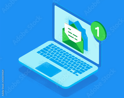 Email notification concept. New email on the laptop screen. Vector illustration in isometric style.