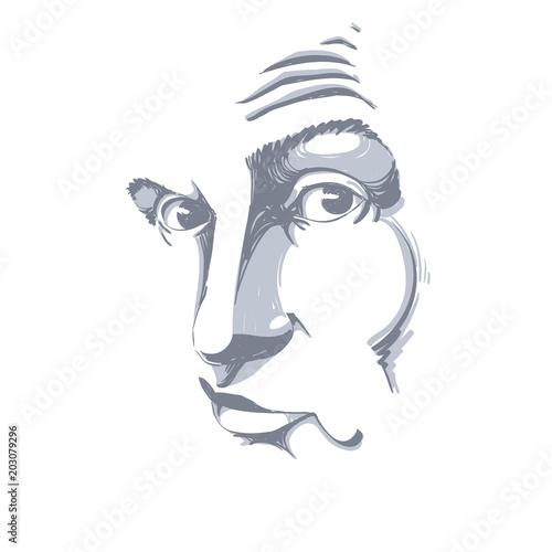 Graphic vector hand-drawn illustration of cheater, phony guy portrait. People face expressions, mask with face features.