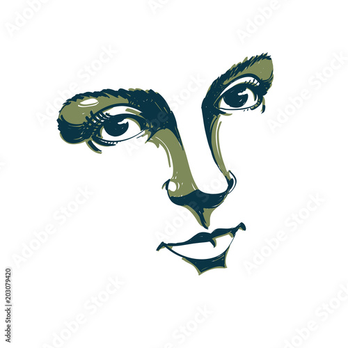Black and white illustration of lady face, delicate visage features. Eyes and lips of a woman expressing positive emotions. Portrait of delicate melancholic peaceful girl.