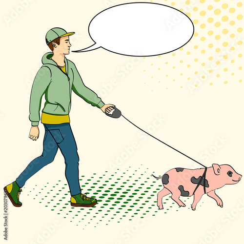 Pop art man walking a mini pig. Vector of an imitation comic style, retro. text bubble