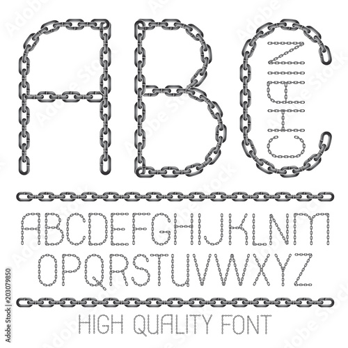 Set of vector English alphabet letters, abc isolated. Upper case decorative font created using metal connected chain link.