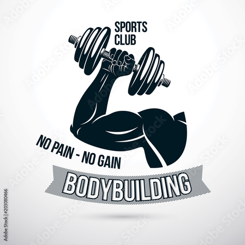 Vector sign composed with muscular sportsman arm holding disc weight dumbbell. No pain no gain lettering. Bodybuilding competition concept.
